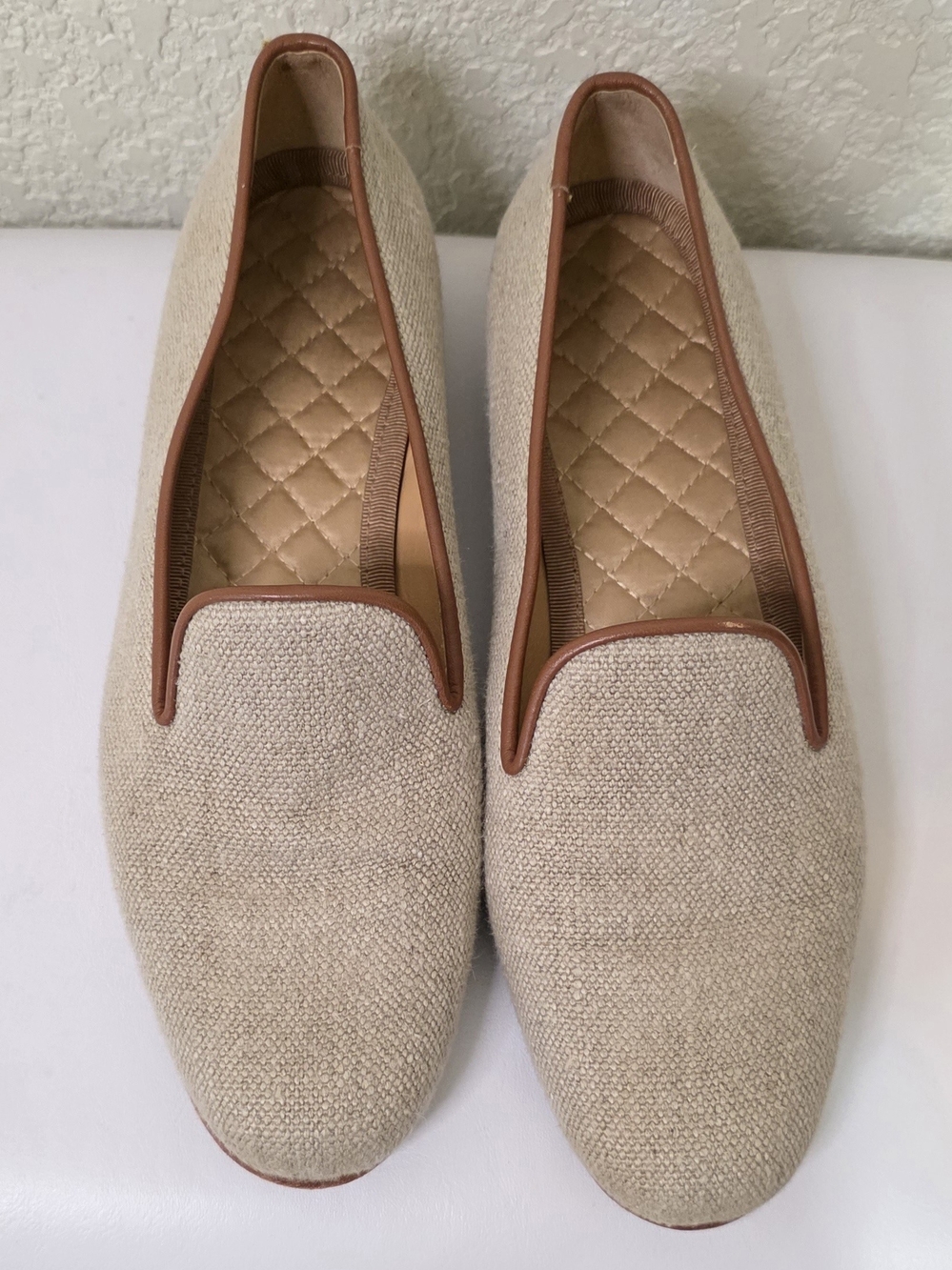 Women's Cream Linen Loafers with Tan Trim